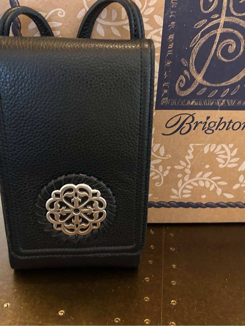 Brighton Black Leather Phone Crossbody with Silver Medallion Accent